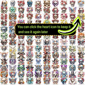 May include: A digital collage of 100 colorful skull illustrations. Each skull is surrounded by flowers and other decorative elements. The skulls are arranged in a grid pattern.