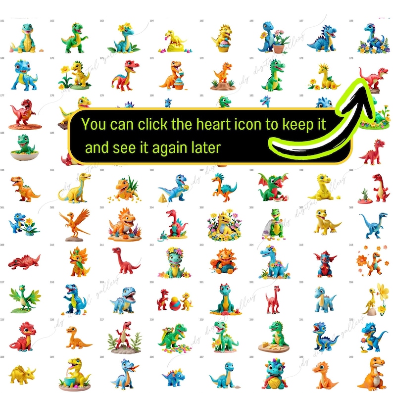 May include: A collection of 81 colorful, cartoon-style dinosaur illustrations. Each dinosaur is depicted in a different pose and with different accessories, such as flowers, hearts, and eggs. The dinosaurs are all set against a white background.