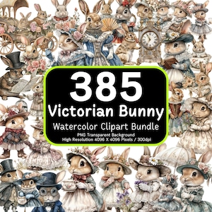 385 Victorian Bunny Aquarell Clipart Bundle, Bunny PNG, Blumenhase, Vintage Osterkaninchen, Sublimationspaket, 300 dpi, kommerzielle Nutzung