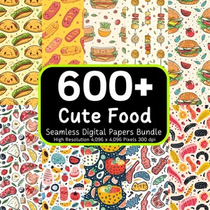 Más de 600 patrones sin costuras de comida linda, comida Kawaii linda, impresiones de comida linda, lindo sin costuras, paquete de papel digital, paquete sin costuras, uso comercial