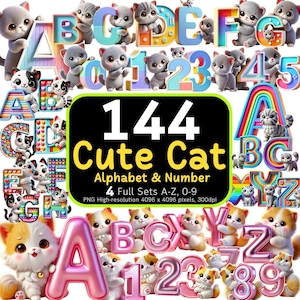 144 Pacote de alfabeto e números de gato fofo, conjunto de letras de gato, clipart de gato PNG, alfabeto de animal fofo, letras do alfabeto PNG, pacote de alfabeto, 300dpi