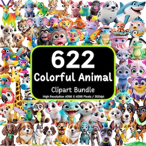 622 個のカラフルな動物のクリップアート バンドル、かわいい動物の PNG、楽しい動物の保育園、3D 昇華デザイン、透明な背景の PNG、商用利用