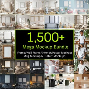 1.500+ Mega Mockup Bundle, Rahmen Mockups, Wand Kunst Mockups, Becher Mockups, Tshirt Mockups, Interior Mockup, gratis Geschenke, hochauflösende 300dpi