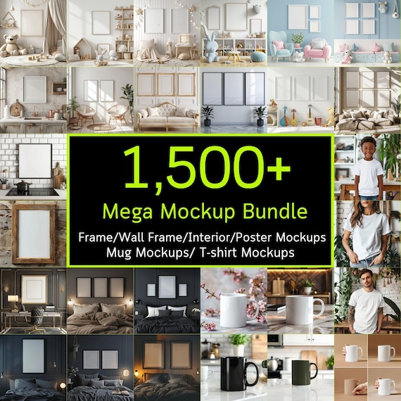 1,500+ Mega Mockup Bundle, Frame Mockups, Wall Art Mockups, Mug Mockups, tshirt mockups, Interior Mockup, Free Gifts, High-Resolution 300dpi