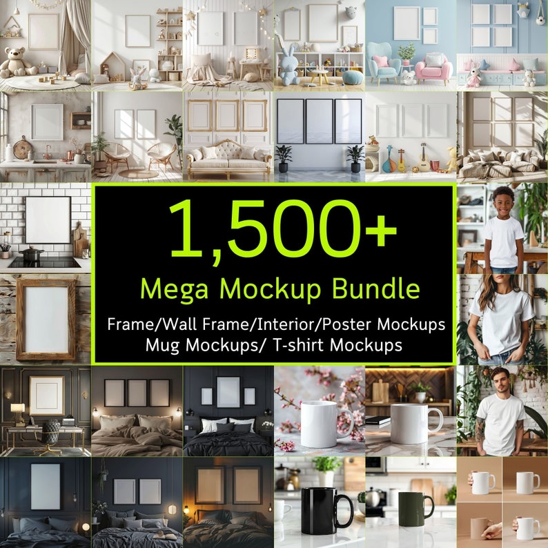 1,500+ Mega Mockup Bundle, Frame Mockups, Wall Art Mockups, Mug Mockups, tshirt mockups, Interior Mockup, Free Gifts, High-Resolution 300dpi image 1