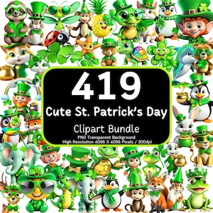 419 schattige St. Patrick's Day-clipartbundel, klavertje 4 png, klaver, kabouter, regenboog, pot met goud, Lucky Clip Art-bundel, 300 dpi