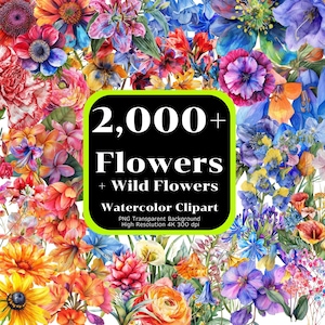 Paquete de más de 2000 imágenes prediseñadas de acuarela de flores, flores PNG transparentes, flores silvestres PNG, acuarela floral, alta resolución 4K, uso comercial