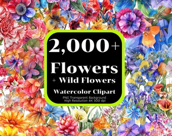 2,000+ Flower Watercolor Cliparts Bundle, Flowers PNG transparent, Wildflowers PNG, Watercolor Floral, 4K High-Resolution, Commercial Use