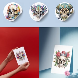 May include: Four sticker designs featuring colorful skull illustrations. The skulls are decorated with flowers, a crown, headphones, and a pirate hat. The stickers are printed on white circular paper.