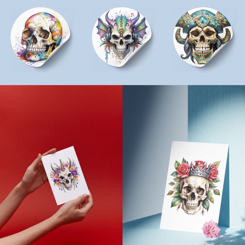 May include: Four sticker designs featuring colorful skull illustrations. The skulls are decorated with flowers, a crown, headphones, and a pirate hat. The stickers are printed on white circular paper.
