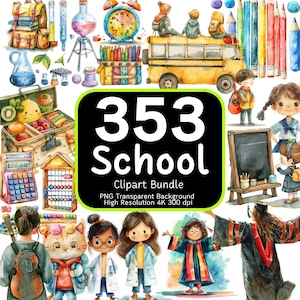 Lot de 353 cliparts école, rentrée des classes, école PNG, graphiques éducatifs, décoration de la salle de classe, aquarelle école, lot de cliparts, 4K haute résolution