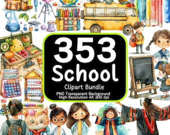 Pode incluir: Um conjunto de 353 ilustrações de aquarela para a escola, incluindo um ônibus escolar amarelo, um quadro-negro, uma calculadora, um ábaco, uma lancheira, um chapéu de formatura, um gato e crianças em várias atividades relacionadas à escola. As ilustrações são em estilo de desenho animado e têm uma paleta de cores brilhantes e coloridas.