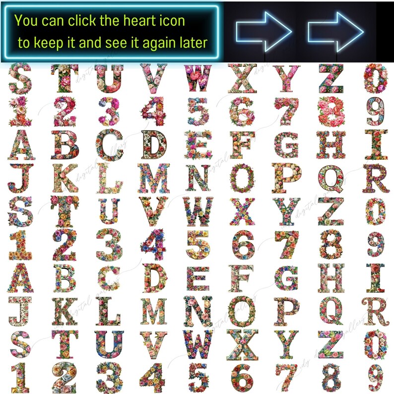 May include: A set of colorful alphabet letters and numbers made of wood and decorated with floral patterns. The letters and numbers are arranged in rows, with each row containing the letters A through Z and the numbers 1 through 9.