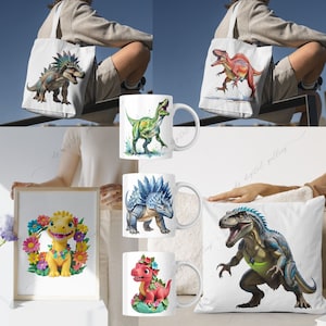 May include: A set of dinosaur themed products including a tote bag, mugs, a pillow, and a framed print. The tote bag features a green dinosaur with a blue crest. The mugs feature a green dinosaur, a blue dinosaur, a red dinosaur, and a yellow dinosaur. The pillow features a blue dinosaur. The framed print features a yellow dinosaur with a flower crown.