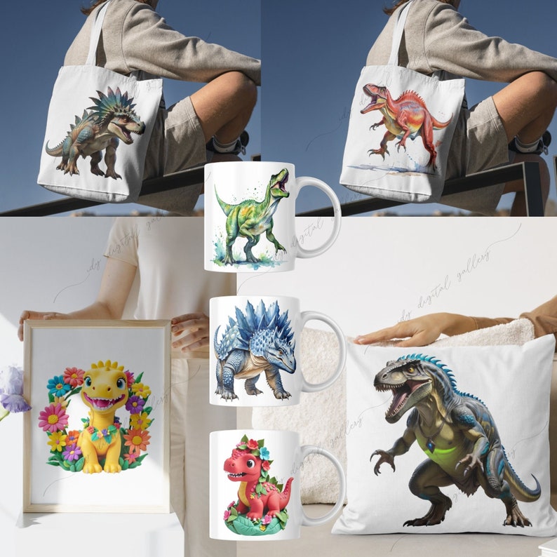 May include: A set of dinosaur themed products including a tote bag, mugs, a pillow, and a framed print. The tote bag features a green dinosaur with a blue crest. The mugs feature a green dinosaur, a blue dinosaur, a red dinosaur, and a yellow dinosaur. The pillow features a blue dinosaur. The framed print features a yellow dinosaur with a flower crown.