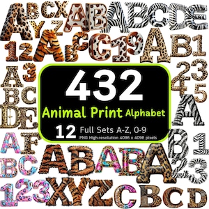432 Paquete de alfabeto y números con estampado animal, letras con estampado animal, PNG con estampado animal, diseño de sublimación, sublimación del alfabeto, paquete de alfabeto