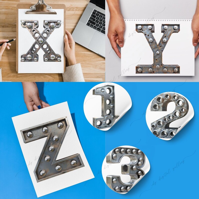 May include: A set of metal letters and numbers with a distressed finish and a row of round, silver accents. The letters are X, Y, and Z, and the numbers are 1, 2, and 3.