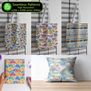 May include: Five different tote bags and a pillow with colorful, hand-drawn patterns. The patterns include butterflies, watermelon, pineapples, rainbows, and clouds. The bags are made of white canvas and have black handles. The pillow is made of white fabric and has a white zipper.
