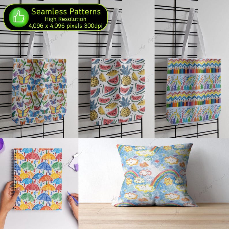 May include: Five different tote bags and a pillow with colorful, hand-drawn patterns. The patterns include butterflies, watermelon, pineapples, rainbows, and clouds. The bags are made of white canvas and have black handles. The pillow is made of white fabric and has a white zipper.