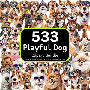 533 Verspielter Hund Clipart Bundle, süßer Hund PNG, lustiger Hund Clipart, 3D-Sublimationsdesigns, transparenter Hintergrund PNG, kommerzielle Nutzung, 300 DPI