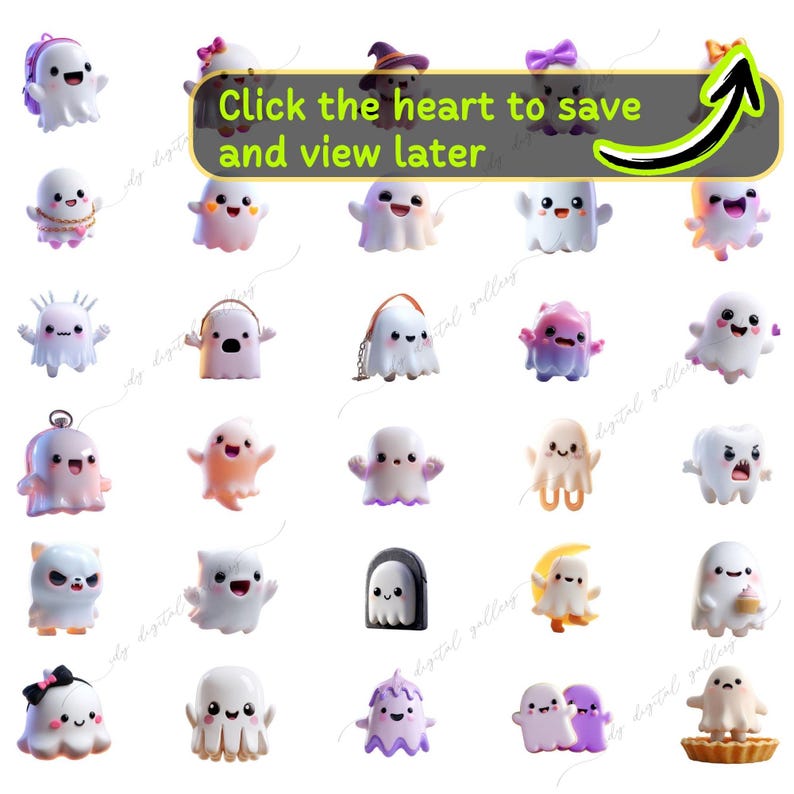 May include: A collection of cute, cartoon-style ghost figurines in various colors and designs. Some ghosts have accessories like hats, bows, and bags. The image includes the text "Click the heart to save and view later."