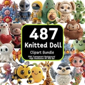 487 Pacote de clipart de boneca de malha, animais fofos de malha, bonecos de fio, tricô de brinquedo, PNG de malha, animais de crochê, pacote de clipart, 4K de alta resolução