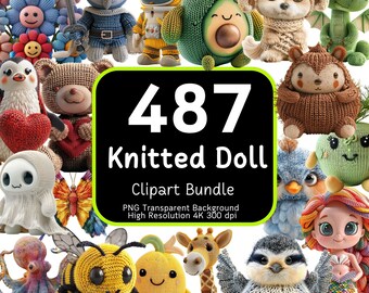 487 Paquete de imágenes prediseñadas de muñecas de punto, lindos animales de punto, muñecas de hilo, tejido de juguetes, PNG de punto, animales de ganchillo, paquete de imágenes prediseñadas, 4K de alta resolución