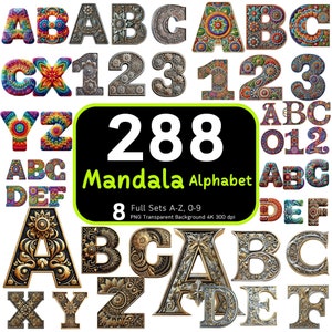 Pacchetto alfabeto mandala 288, lettere mandala, mandala colorato, clipart mandala, ricamo alfabeto, alfabeto PNG, pacchetto clipart, 4k