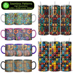 May include: Set of 12 seamless patterns for sublimation designs. The patterns feature colorful geometric designs in shades of red, blue, green, yellow, black, and white. The patterns are perfect for creating unique and stylish tumblers, mugs, and other sublimation products.