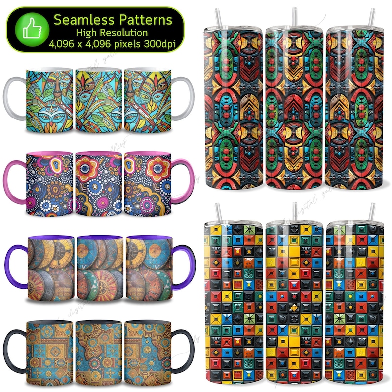 May include: Set of 12 seamless patterns for sublimation designs. The patterns feature colorful geometric designs in shades of red, blue, green, yellow, black, and white. The patterns are perfect for creating unique and stylish tumblers, mugs, and other sublimation products.
