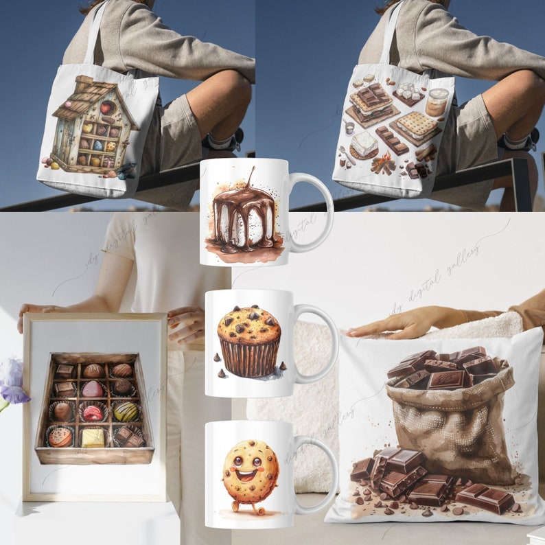 K&ouml;nnte beinhalten: Ein Set aus vier wei&szlig;en Tassen mit verschiedenen Designs zum Thema Schokolade. Die Tassen zeigen einen Schokoladenkuchen, einen Schokoladen-Chip-Muffin, einen Schokoladenkeks und eine T&uuml;te mit Schokoladenst&uuml;ckchen. Die Tassen sind perfekt f&uuml;r Kaffee, Tee oder hei&szlig;e Schokolade.