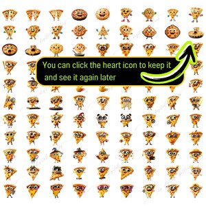 Op de afbeelding: Een verzameling van 64 cartoon pizza-plak illustraties. Elke plak heeft een andere uitdrukking en draagt een andere outfit. De pizzaplakken zijn gerangschikt in een rasterpatroon op een witte achtergrond.