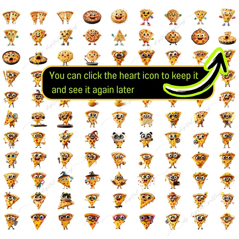 Op de afbeelding: Een verzameling van 64 cartoon pizza-plak illustraties. Elke plak heeft een andere uitdrukking en draagt een andere outfit. De pizzaplakken zijn gerangschikt in een rasterpatroon op een witte achtergrond.