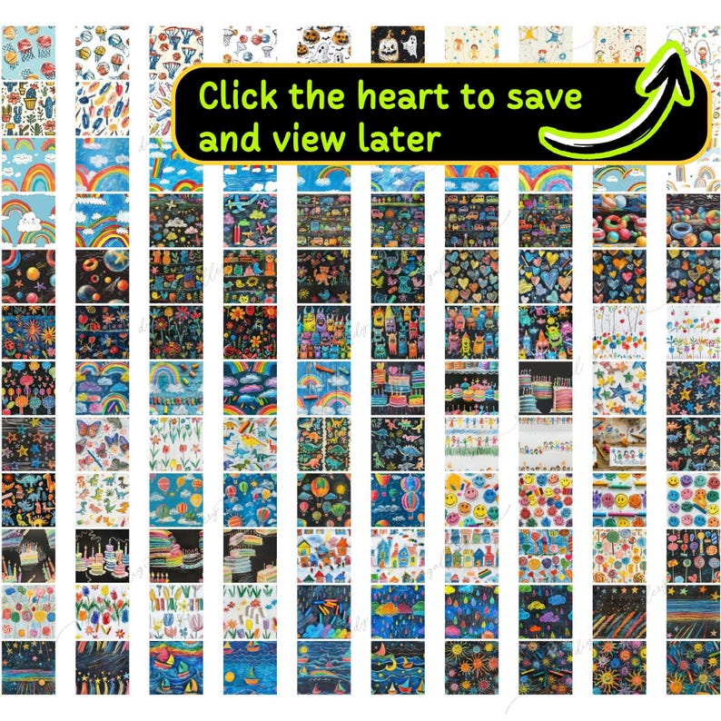 May include: A digital collage of 48 different colorful patterns. Each pattern is a repeating design of various hand-drawn images, including rainbows, stars, hearts, butterflies, and more. The patterns are arranged in a grid format.