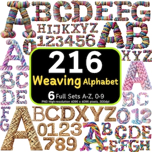 216 織りアルファベットと数字のバンドル、織りテクスチャ、カラフルなアルファベット、装飾文字、アルファベットバンドル、300dpi、商用利用