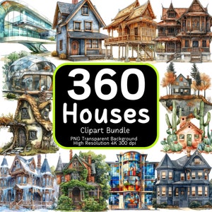 Bundle di clipart 360 case, clipart casa dell’acquerello, PNG casa, arte del design per la casa, clipart cottage, clipart casa carina, pacchetto di clipart, 4K
