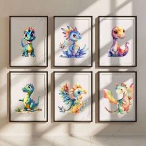 May include: Six framed watercolor paintings of colorful cartoon dragons. Each dragon has a unique design and color scheme. The dragons are depicted in various poses, including standing, flying, and sitting.