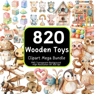 820 Holzspielzeug Clipart Mega Bundle, Aquarell Holzspielzeug, Babyparty PNG, Aquarell Kinderzimmer, Spielzeug PNG, Kinderzimmer Clipart, Clipart Bundle