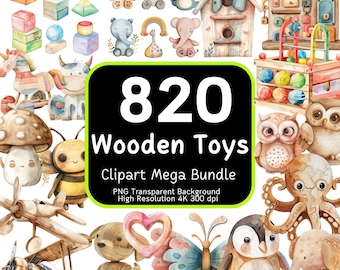 820 Wooden Toys Clipart Mega Bundle, Watercolor Wooden Toys, Baby Shower PNG, Watercolor Nursery, Toys PNG, Nursery Clipart, Clipart Bundle