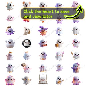 May include: A collection of cartoon ghost characters in various poses and costumes. Some ghosts wear hats, carry briefcases, or play instruments. The image includes the text "Click the heart to save and view later" with an arrow.