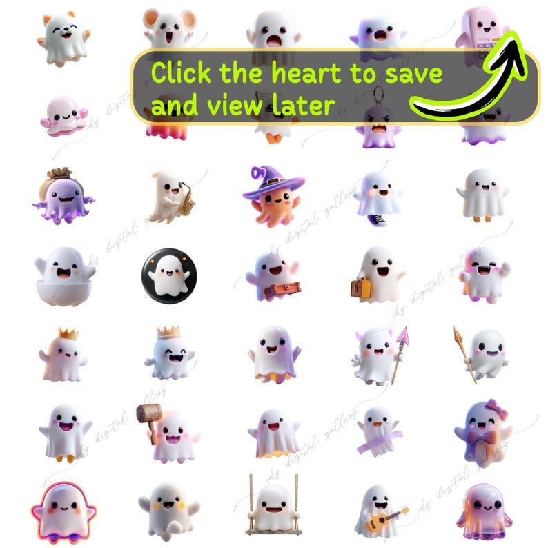 May include: A collection of cartoon ghost characters in various poses and costumes. Some ghosts wear hats, carry briefcases, or play instruments. The image includes the text "Click the heart to save and view later" with an arrow.