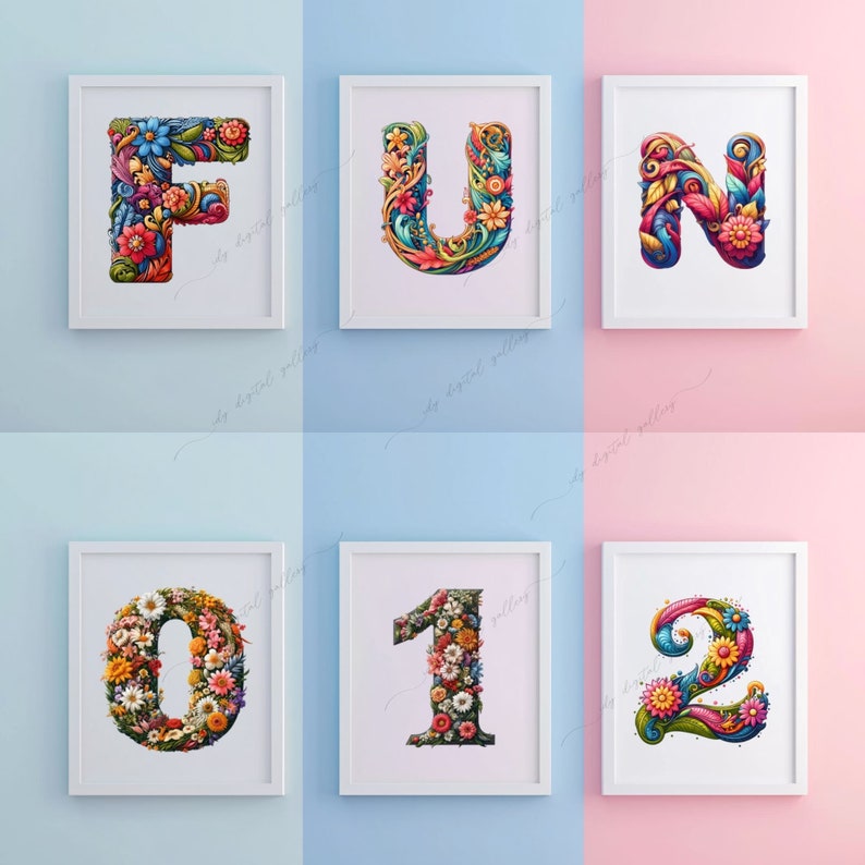 May include: Six white picture frames with a white background, each frame contains a colorful letter or number made of flowers and leaves. The letters are F, U, N, and the numbers are 0, 1, and 2.