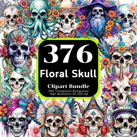 376 Floral Skull Clipart Bundle, Watercolor Skull, Skull png, Skull Clipart, Colorful Skull, Clipart Bundle, 4K High-Res, Commercial Use