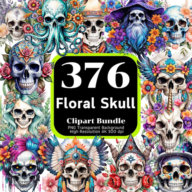 May include: A digital clipart bundle of 376 floral skull designs. The skulls are decorated with colorful flowers, feathers, and other decorative elements. The designs are perfect for creating unique and eye-catching projects.
