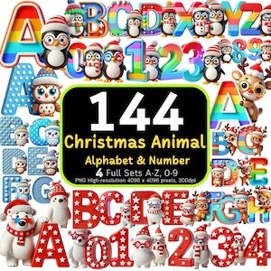 144 Pacote de alfabeto e números de animais de Natal, letras de Natal PNG, clipart fofo de Natal, decoração de animais de Natal, uso comercial