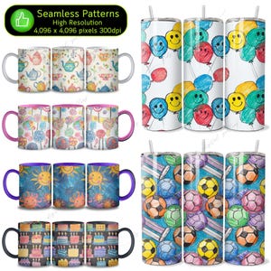 May include: Set of four sublimation designs featuring colorful, hand-drawn patterns. The designs include smiling faces, lollipops, suns, and birthday cakes. The designs are perfect for creating custom tumblers, mugs, and other products.