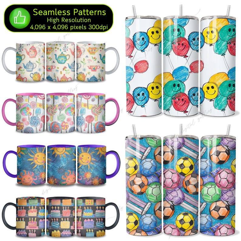 May include: Set of four sublimation designs featuring colorful, hand-drawn patterns. The designs include smiling faces, lollipops, suns, and birthday cakes. The designs are perfect for creating custom tumblers, mugs, and other products.