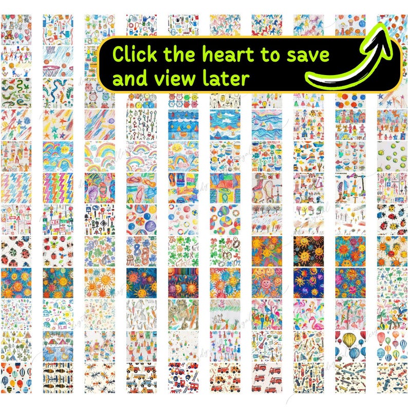 May include: A collection of 64 colorful digital paper patterns featuring various designs, including rainbows, stars, suns, hot air balloons, and more.  Click the heart to save and view later.