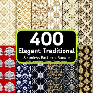 Könnte beinhalten: Eine Sammlung von 400 eleganten, traditionellen nahtlosen Mustern. Die Muster weisen verschiedene Designs in Gold, Creme, Rot und Marineblau auf. Das Bild enthält eine Vielzahl von floralen und geometrischen Motiven. Der Text auf dem Bild lautet "400 Elegant Traditional Seamless Patterns Bundle."
