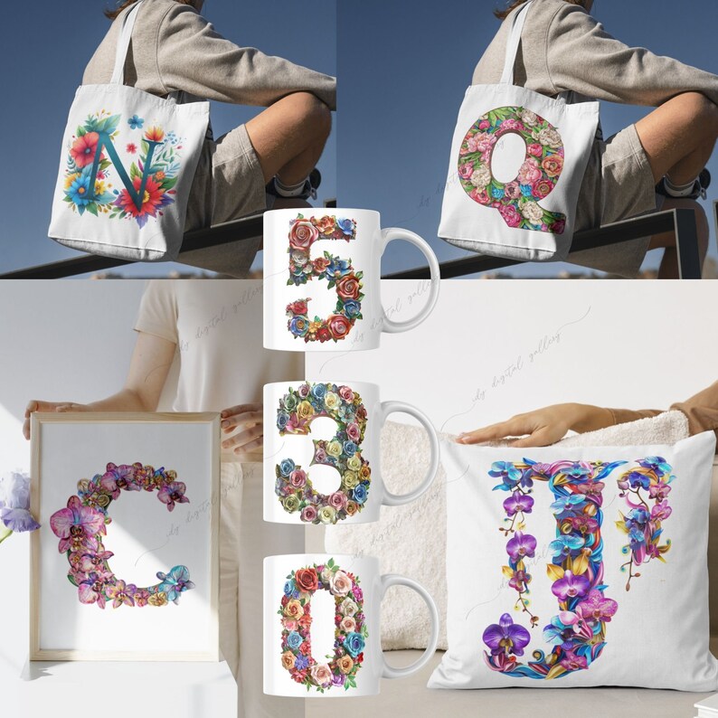 May include: A set of personalized floral alphabet designs on various products, including a tote bag, mugs, a pillow, and a framed print. The designs feature different letters of the alphabet, each created with colorful floral arrangements.